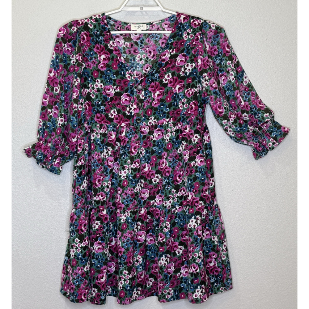 Umgee Tiered Dress Women's Size Small Pink Floral 3/4 Sleeve‎ V-Neck Knee Length